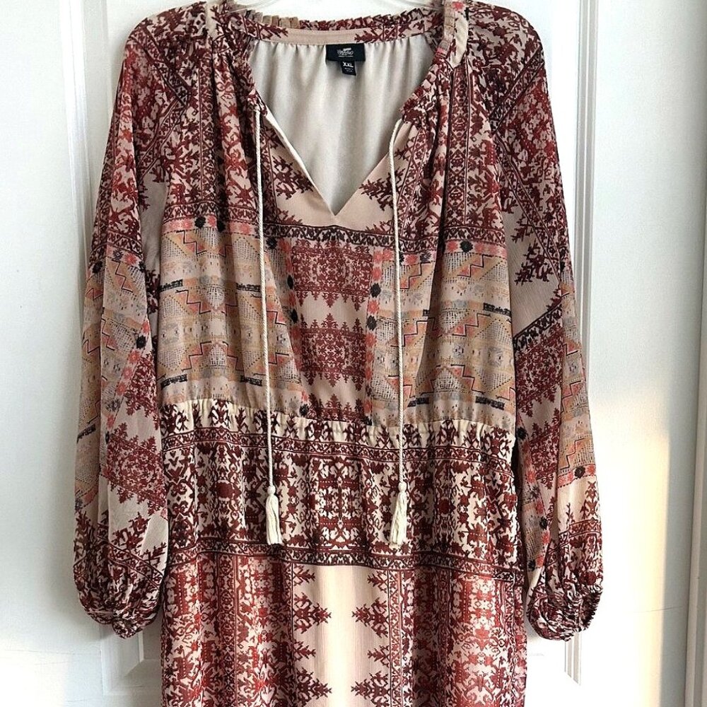 Boho Midi Dress 2X Plus Multicolor Neutral Aztec Floral Vneck Flowy Bohemian EUC